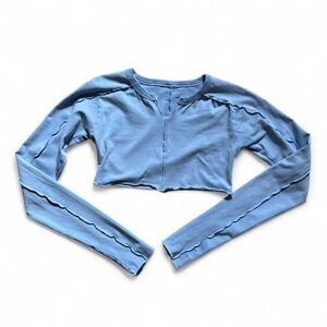 Out From Under Crop Top Women's Size Medium Blue Notch Neck Long Sleeve Pastel